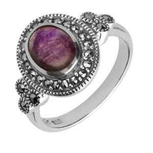 Sterling Silver Blue John Marcasite Oval Beaded Edge Ring