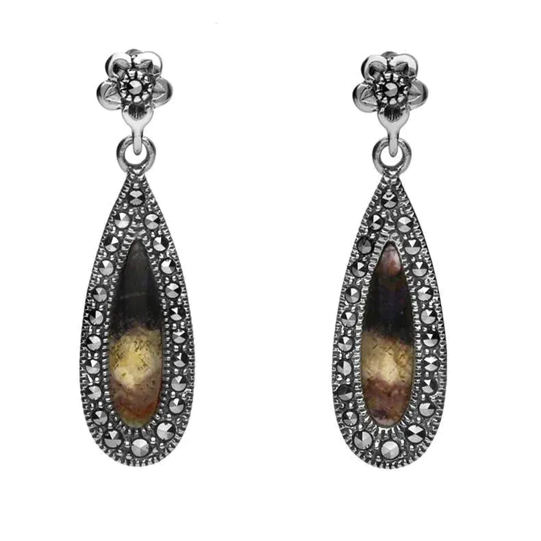 Sterling Silver Blue John Marcasite Pear Drop Stud Earrings