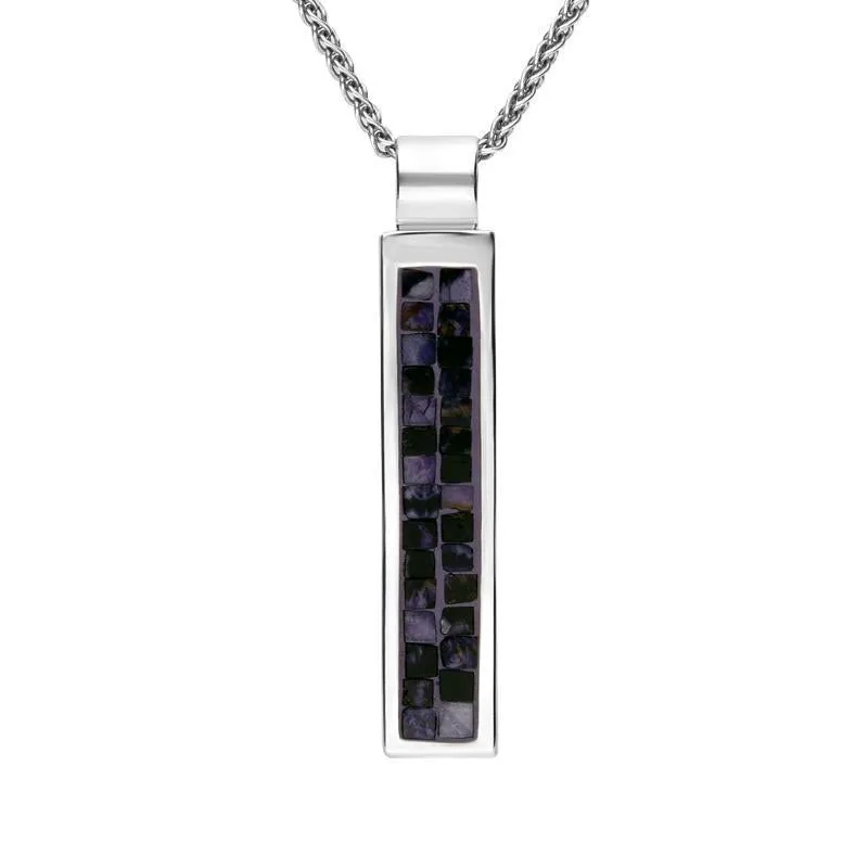 Sterling Silver Blue John Mosaic Long Slim Oblong Necklace D