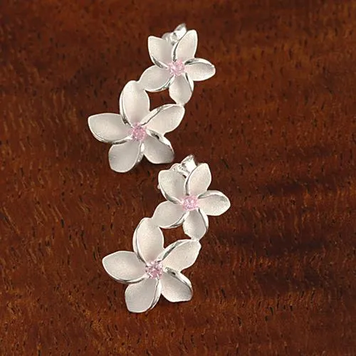 Sterling Silver Double Plumeria with Pink CZ Post Earrings