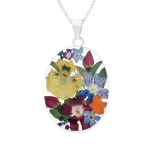 Sterling Silver Floral Mixed Petal Large Oval Necklace