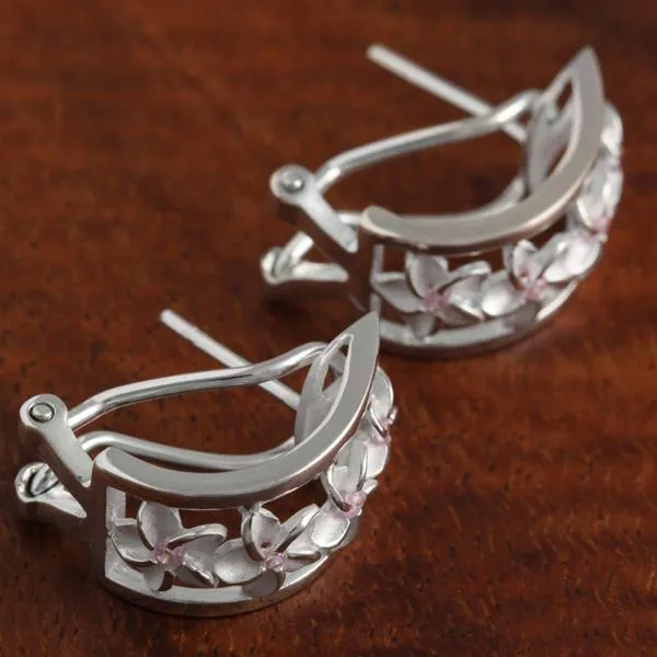 Sterling Silver Four Plumeria with Pink CZ Half Moon French Clip Earrings