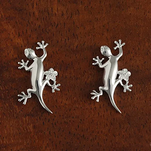 Sterling Silver Gecko and Plumeria with CZ Post Earrings