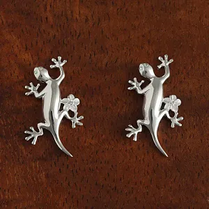 Sterling Silver Gecko and Plumeria with CZ Post Earrings