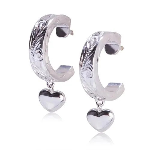 Sterling Silver Hawaiian Scroll Half Circle with Heart Post Earrings
