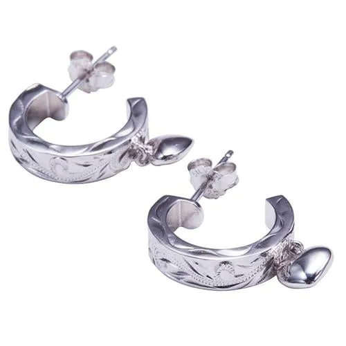 Sterling Silver Hawaiian Scroll Half Circle with Heart Post Earrings