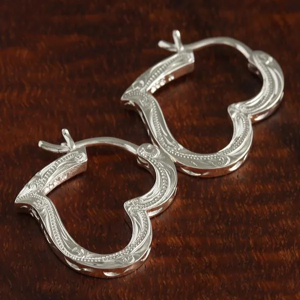 Sterling Silver Hawaiian Scroll Heart Outline Hinged Back Earrings
