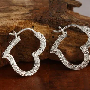 Sterling Silver Hawaiian Scroll Heart Outline Hinged Back Earrings