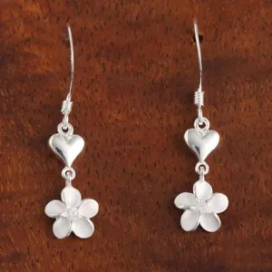 Sterling Silver Heart and 8mm Plumeria with CZ Hook Earrings