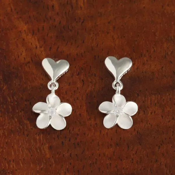 Sterling Silver Heart and 8mm Plumeria with CZ Post Earrings