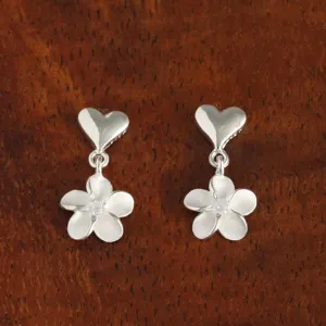 Sterling Silver Heart and 8mm Plumeria with CZ Post Earrings