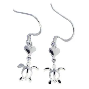 Sterling Silver Heart and Honu (Hawaiian Turtle) Hook Earrings
