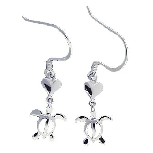 Sterling Silver Heart and Honu (Hawaiian Turtle) Hook Earrings