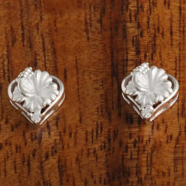 Sterling Silver Heart Hibiscus Post Earrings