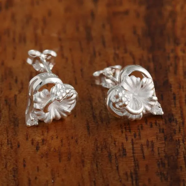 Sterling Silver Heart Hibiscus Post Earrings