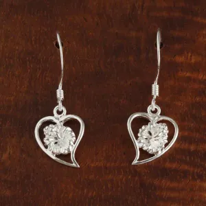 Sterling Silver Hibiscus in Heart Hook Earrings