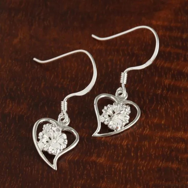 Sterling Silver Hibiscus in Heart Hook Earrings