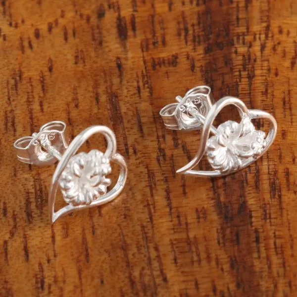 Sterling Silver Hibiscus in Heart Post Earrings