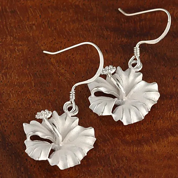 Sterling Silver Hibiscus Sandblast Hook Earrings (6-18mm)