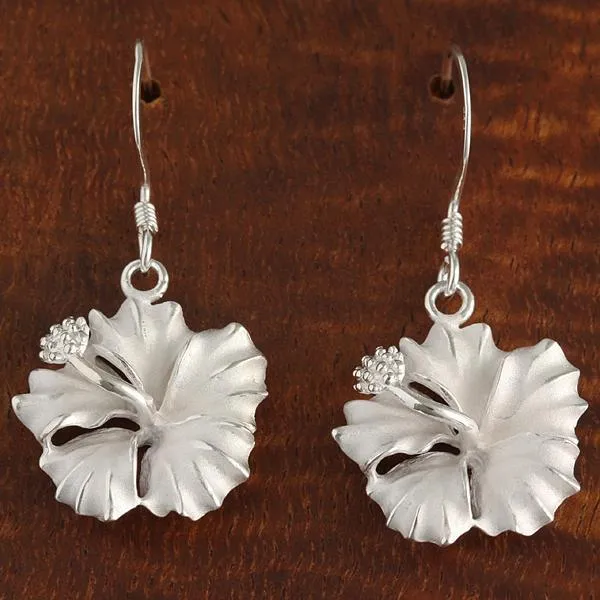 Sterling Silver Hibiscus Sandblast Hook Earrings (6-18mm)