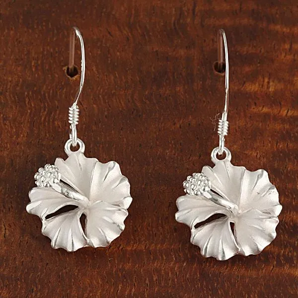 Sterling Silver Hibiscus Sandblast Hook Earrings (6-18mm)