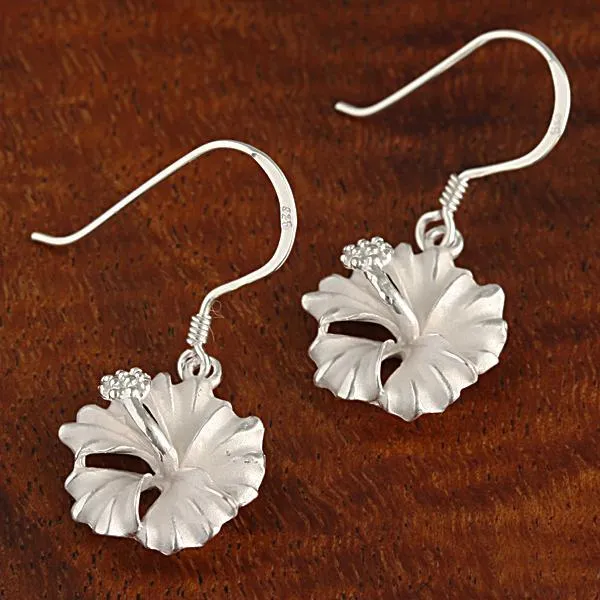 Sterling Silver Hibiscus Sandblast Hook Earrings (6-18mm)