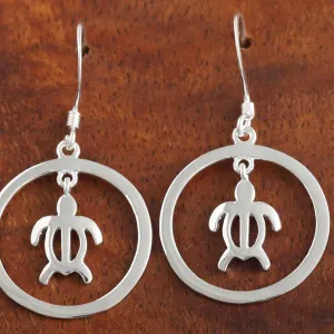 Sterling Silver Honu (Hawaiian Turtle) in Circle Hook Earrings