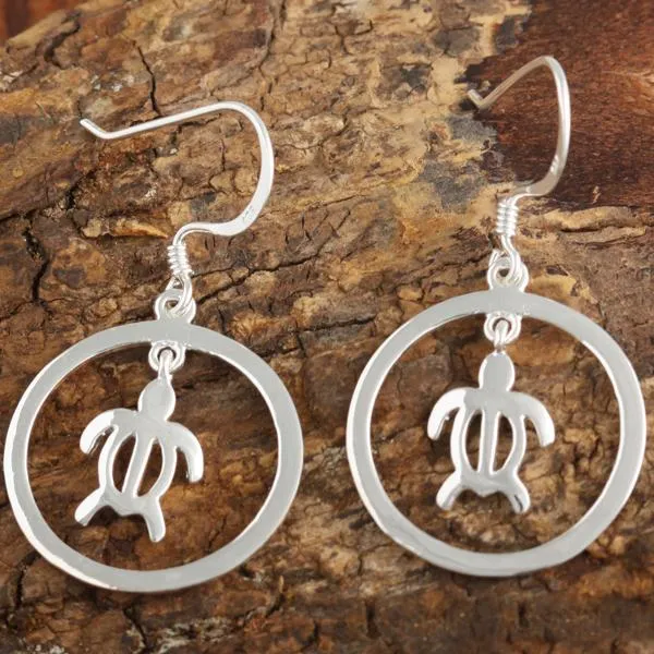 Sterling Silver Honu (Hawaiian Turtle) in Circle Hook Earrings