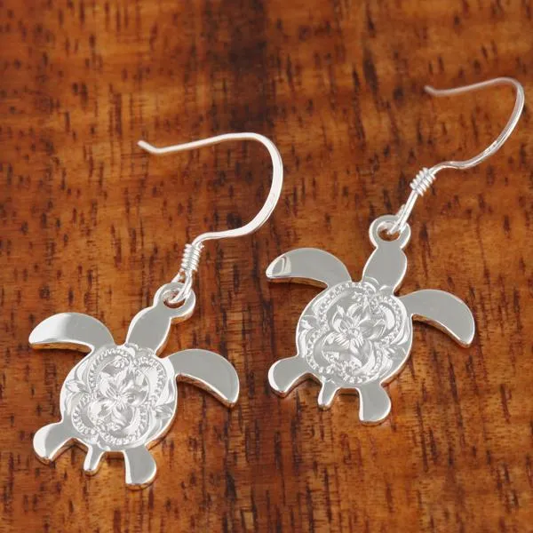 Sterling Silver Honu (Hawaiian Turtle) Scroll Hook Earrings