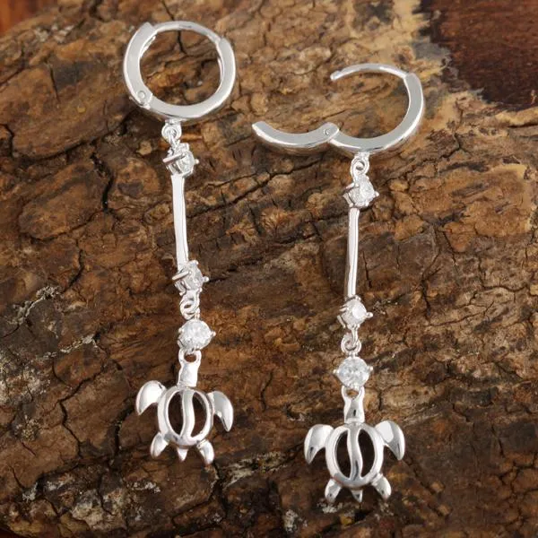 Sterling Silver Hoop with CZ and Dangle Honu (Hawaiian Turtle) Latch Back Earrings
