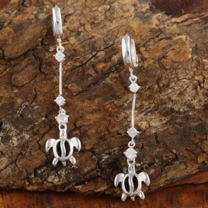 Sterling Silver Hoop with CZ and Dangle Honu (Hawaiian Turtle) Latch Back Earrings