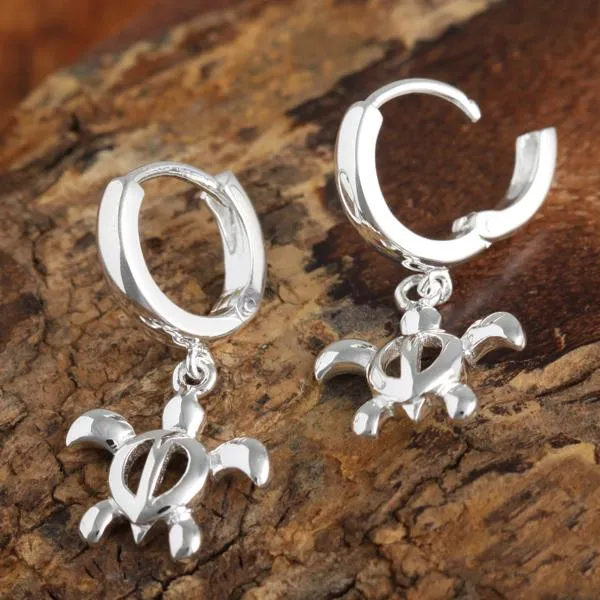 Sterling Silver Hoop with Dangle Honu (Hawaiian Turtle) Latch Back Earrings