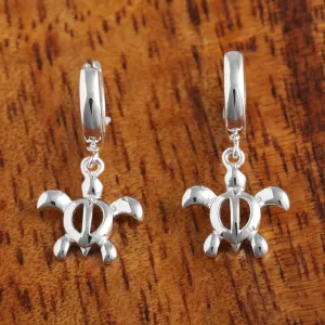 Sterling Silver Hoop with Dangle Honu (Hawaiian Turtle) Latch Back Earrings