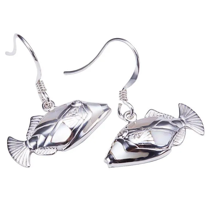 Sterling Silver Humuhumunukunukuapua'a with Mother-of-Pearl Inlay Hook Earrings