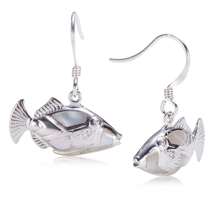 Sterling Silver Humuhumunukunukuapua'a with Mother-of-Pearl Inlay Hook Earrings