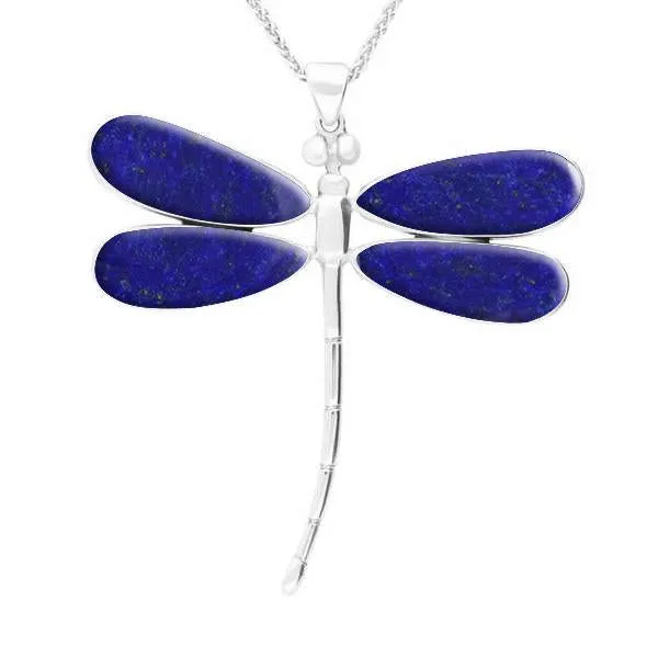 Sterling Silver Lapis Lazuli Four Stone Large Dragonfly Necklace