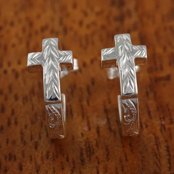 Sterling Silver Maile Leaf Cross Circle Post Earrings