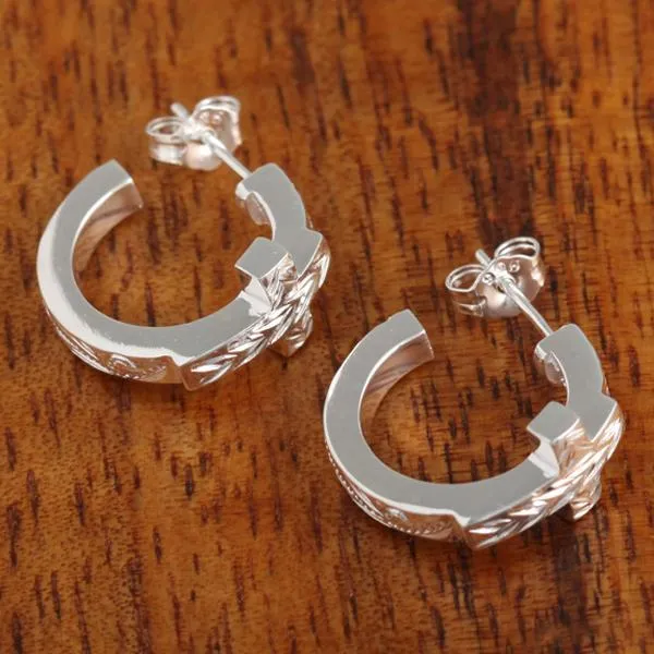 Sterling Silver Maile Leaf Cross Circle Post Earrings