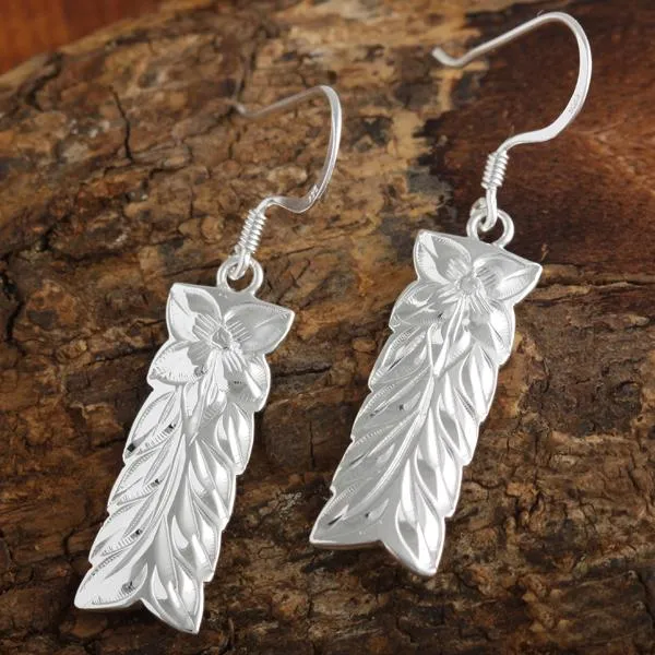 Sterling Silver Maile Leaf Vertical Hook Earrings 10mm