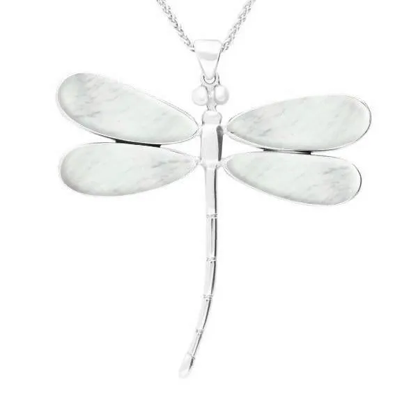 Sterling Silver Mother of Pearl Four Stone Large Dragonfly Necklace
