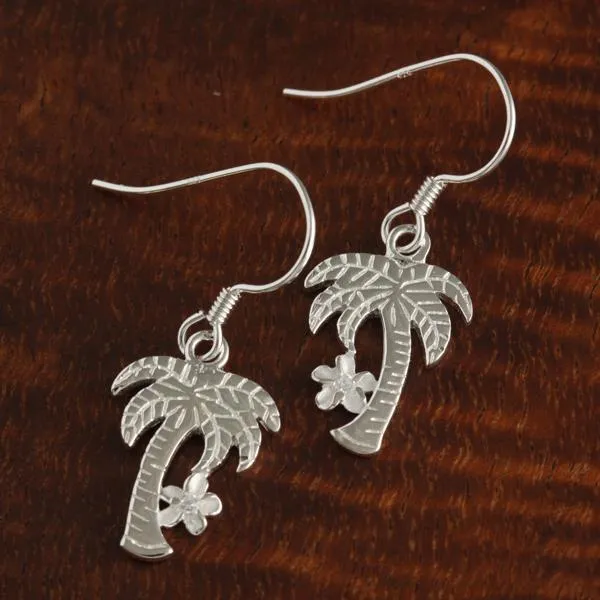 Sterling Silver Palm Tree and Plumeria with CZ Hook Earrings