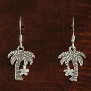 Sterling Silver Palm Tree and Plumeria with CZ Hook Earrings