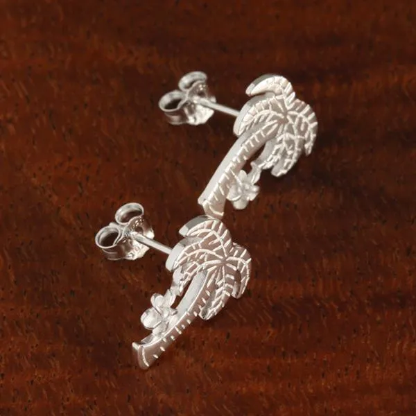 Sterling Silver Palm Tree and Plumeria with CZ Post Earrings