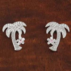 Sterling Silver Palm Tree and Plumeria with Pink CZ Post Earrings