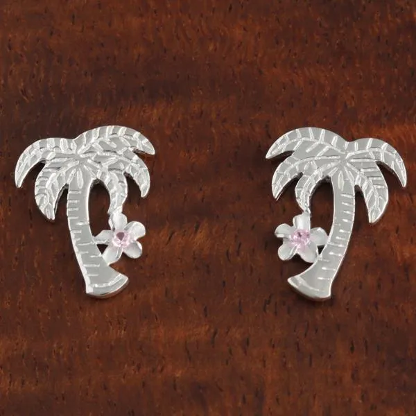 Sterling Silver Palm Tree and Plumeria with Pink CZ Post Earrings