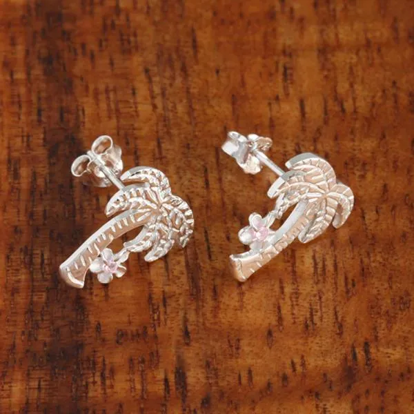 Sterling Silver Palm Tree and Plumeria with Pink CZ Post Earrings