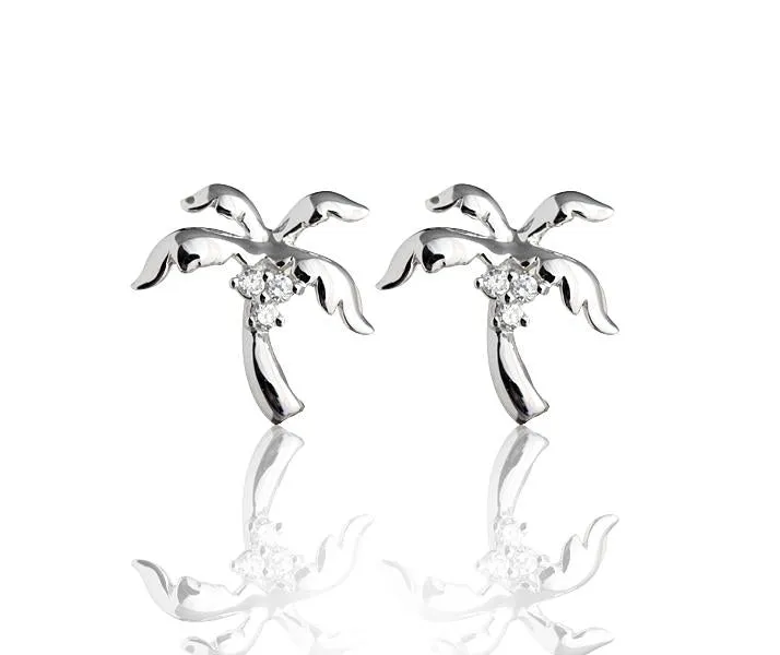 Sterling Silver Palm Tree with CZ Post Earrings