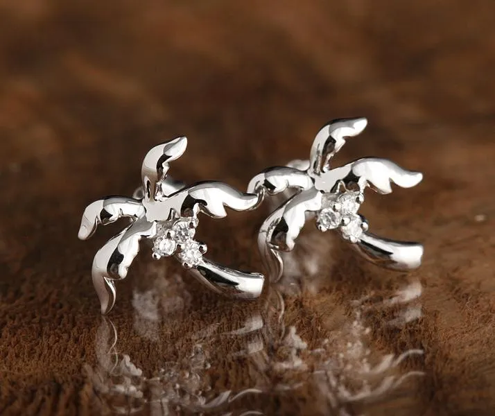 Sterling Silver Palm Tree with CZ Post Earrings
