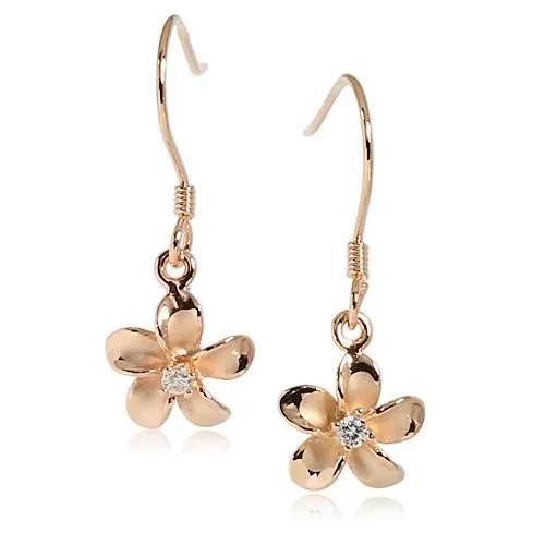 Sterling Silver Pink Gold Plated 10mm Plumeria with CZ Prong Hook Earrings