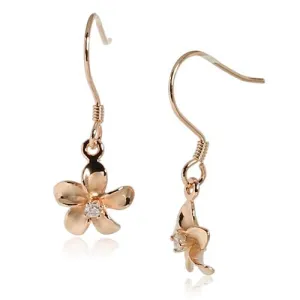 Sterling Silver Pink Gold Plated 10mm Plumeria with CZ Prong Hook Earrings